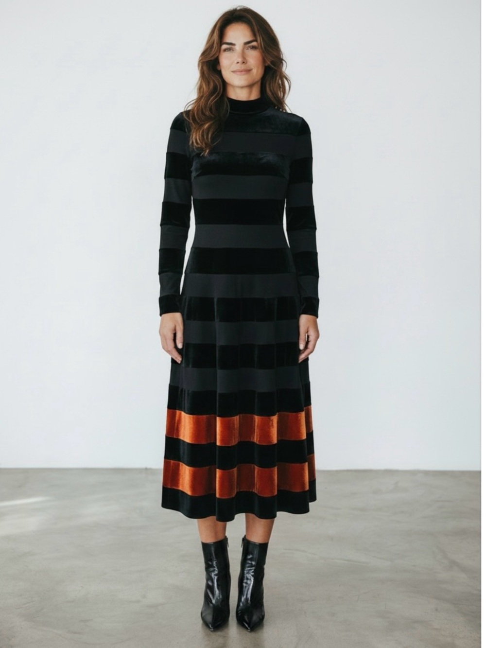 Hottie + Lord Striped Mock-Neck Midi Dress in Black and Copper Size  2